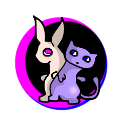A blue cat and pink rabbit