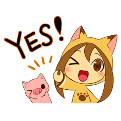 Cat anime girl and cute pig
