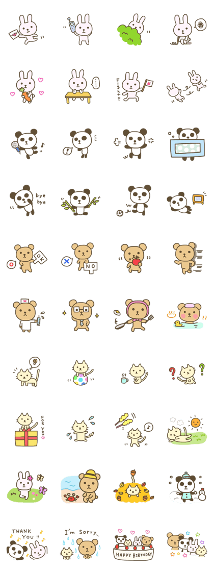 Cute animals. Rabbit, panda, bear, cat.