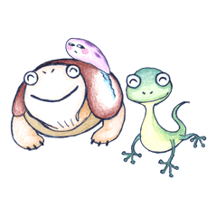 A tortoise and a gecko and slug