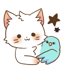 White cat and blue parakeet