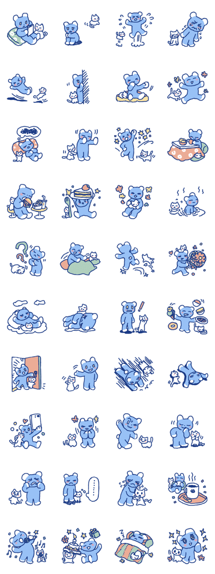 Blue teddy bear and white cat