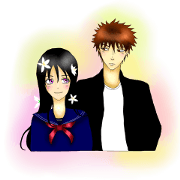 The girl with flowers and the boy.