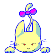 Yellow cat with purple ribbon