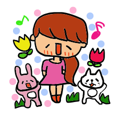 A girl and a rabbit and cat