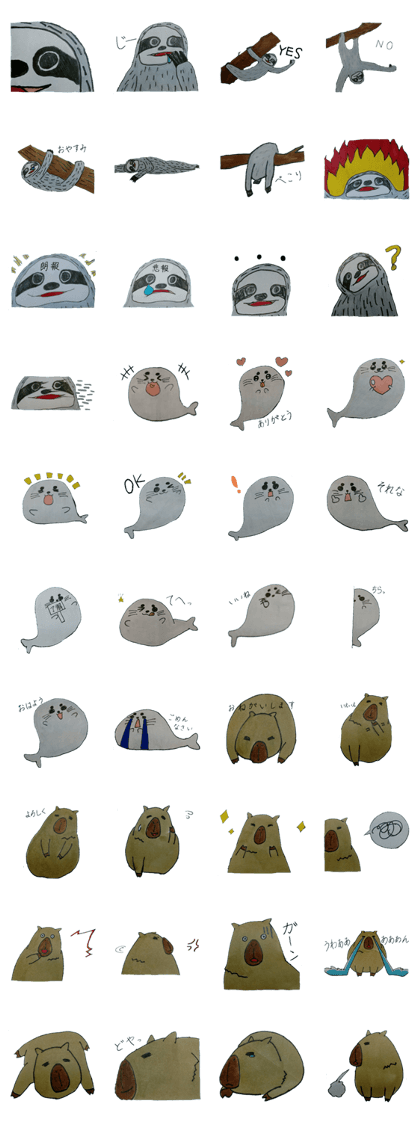 Capybara and seals and sloth
