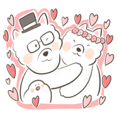 White dog couple and Java sparrow