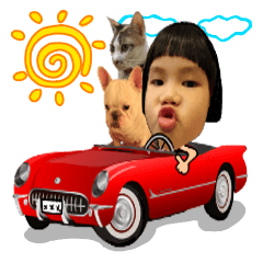 Kid with cat and French bull dog