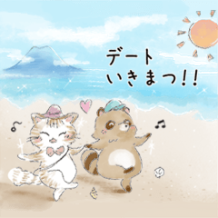 Yurukawa sticker of cat and raccoon dog