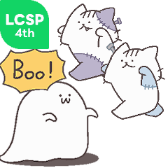 Cute ghost and chibi cats in autumn