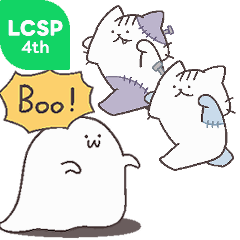 Cute ghost and chibi cats in autumn