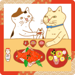 Cats and a Japanese doll new year
