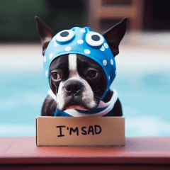 Boston Terrier in a swimming cap 2