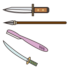spears, swords, knives, and razors.