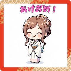 New Year's Sticker with a Kimono Woman