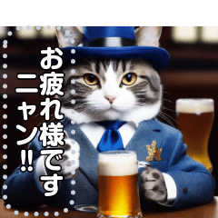 A cat wearing a suit holds a beer mug
