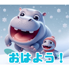 雪遊びのかわいいカバ:日本語