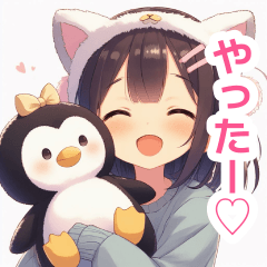 Cat Ear Girl Sticker with Penguin