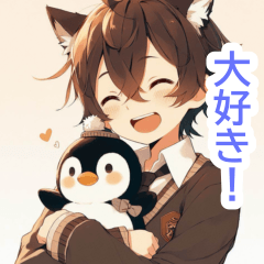 Cat ear boy sticker with penguin