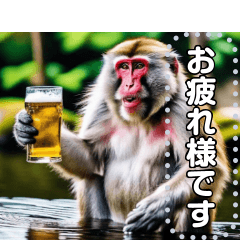 【酒】温泉に入ってビールを飲むサル
