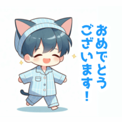 Blue-haired cat boy sticker in pajamas