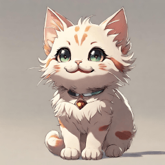 An anime-style, deformed kitten smiling.