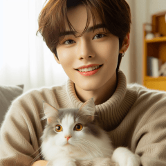 A boy and a cat who resemble idols