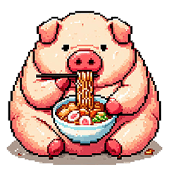 Pixel art fat pig eating ramen