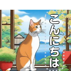 【ネコ】縁がわのハチワレ猫（文字変自由）