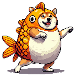 Pixel art fat shiba wearing fish costume