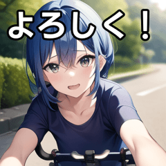 自転車に乗る青髪女子