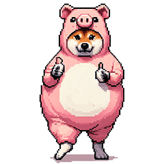 Pixel art fat shiba wearing pig costume