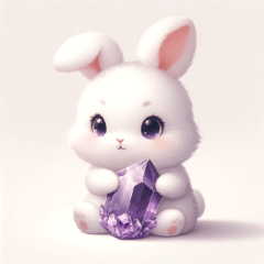 Cute white rabbit holding an amethyst