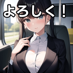 A girl in a suit riding a bus