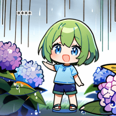 Hydrangea and girl in rainy season