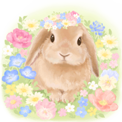 Cute rabbits and colorful flowers