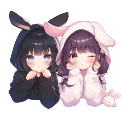 Fluffy black and white rabbit girls