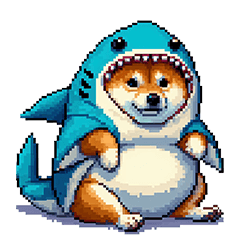 fat shiba wearing shark costume
