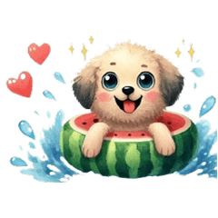 【文字無し・夏】スイカと子犬の水遊び