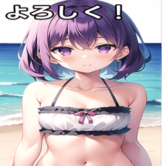 Purple-haired girl playing in the sea