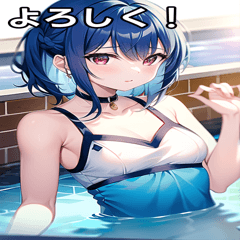Blue-haired girl playing in the pool