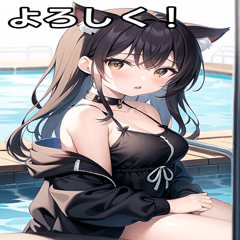 Cat ears girl playing in the pool