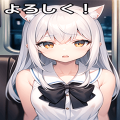 White cat girl riding a train