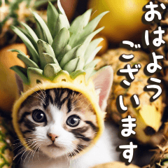 Greetings/Cat wearing a fruit costume.