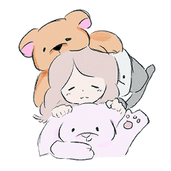 Girl with pigtails and stuffed toys