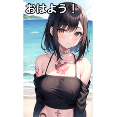 tattooed girl playing in the sea