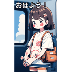 電車に乗っているタトゥー女子