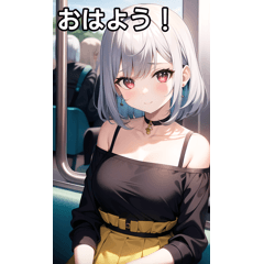 A silver-haired girl rides a train