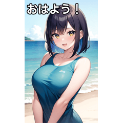 Tシャツ女子は海辺で遊ぶ