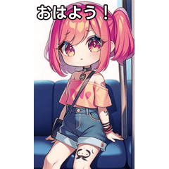 電車とピンク髪タトゥー女子